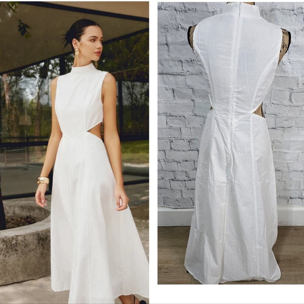 Commense cutout maxi dress Sz S linen & cotton blend white mock neck sleeveless